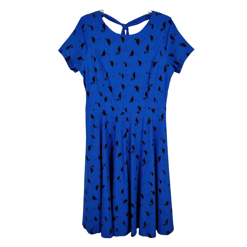 GownTown Women XL Flamingo Print A-Line Dress Blue Retro Rockabilly Pinup Kitsch
